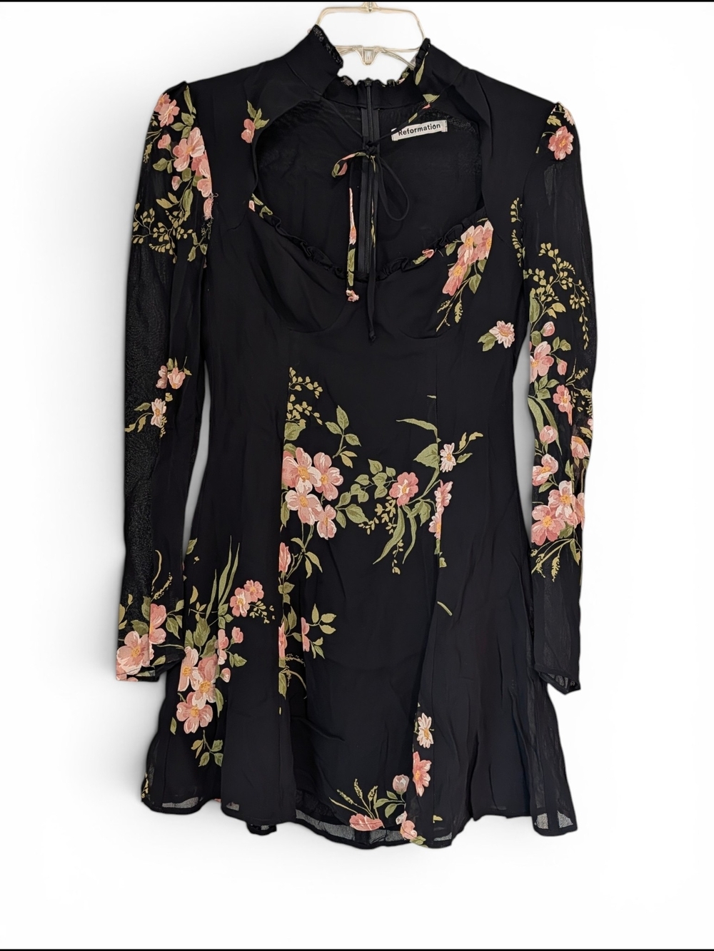 Reformation Black Floral Long-Sleeve High Neck Front Tie Scalloped Mini Dress 0